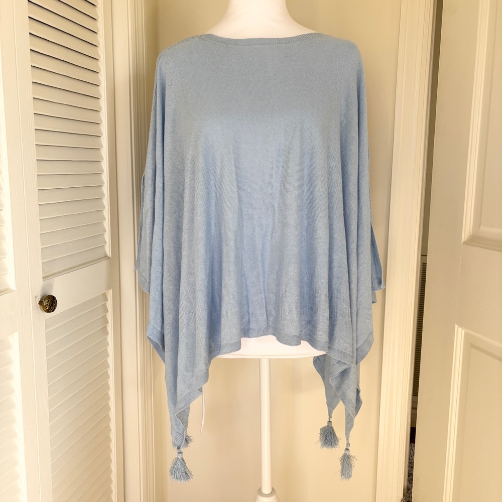 J Jill Linen Blend Tassel Poncho Sweater Blue Asymmetrical Coastal Boho NWT $89